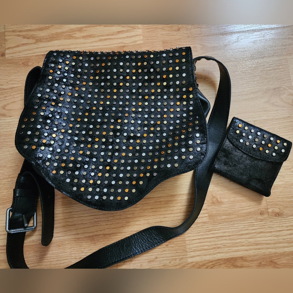 Patricia Nash Black and Gold Studded Hobo Bag with matching wallet!
